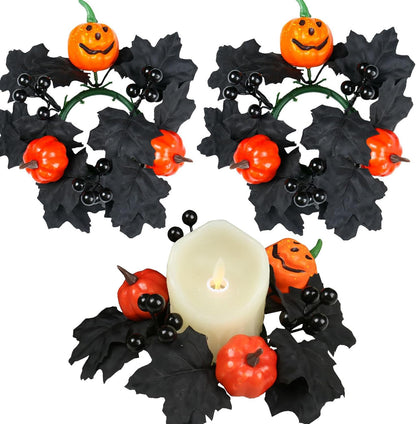 Skiennix Halloween Candle Rings - Black Artificial Maple Leaf & Pumpkin Holders | 2-Piece Set for Festive Decor