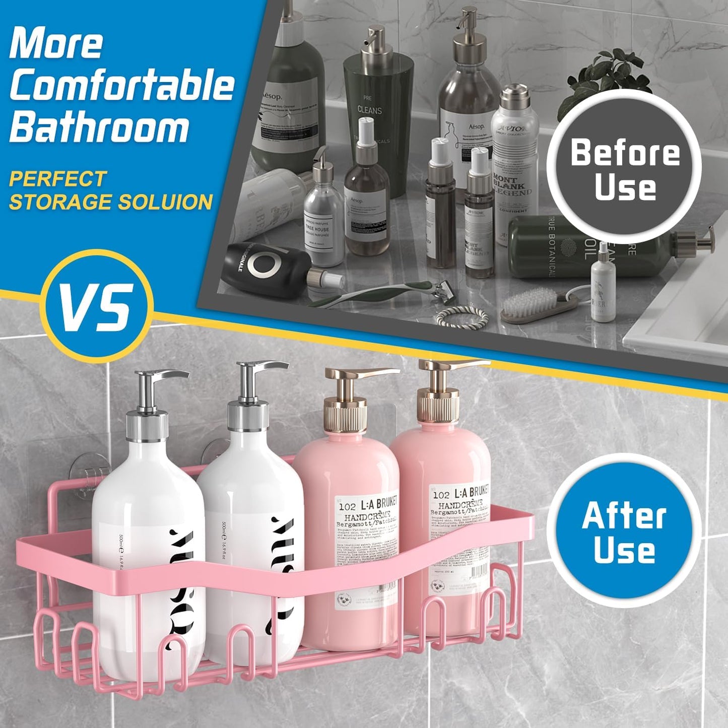 Youvip Adhesive Shower Caddy - No Drilling Bath Organizers | Rustproof 5-Pack with Soap & Toothbrush Holder - Pink