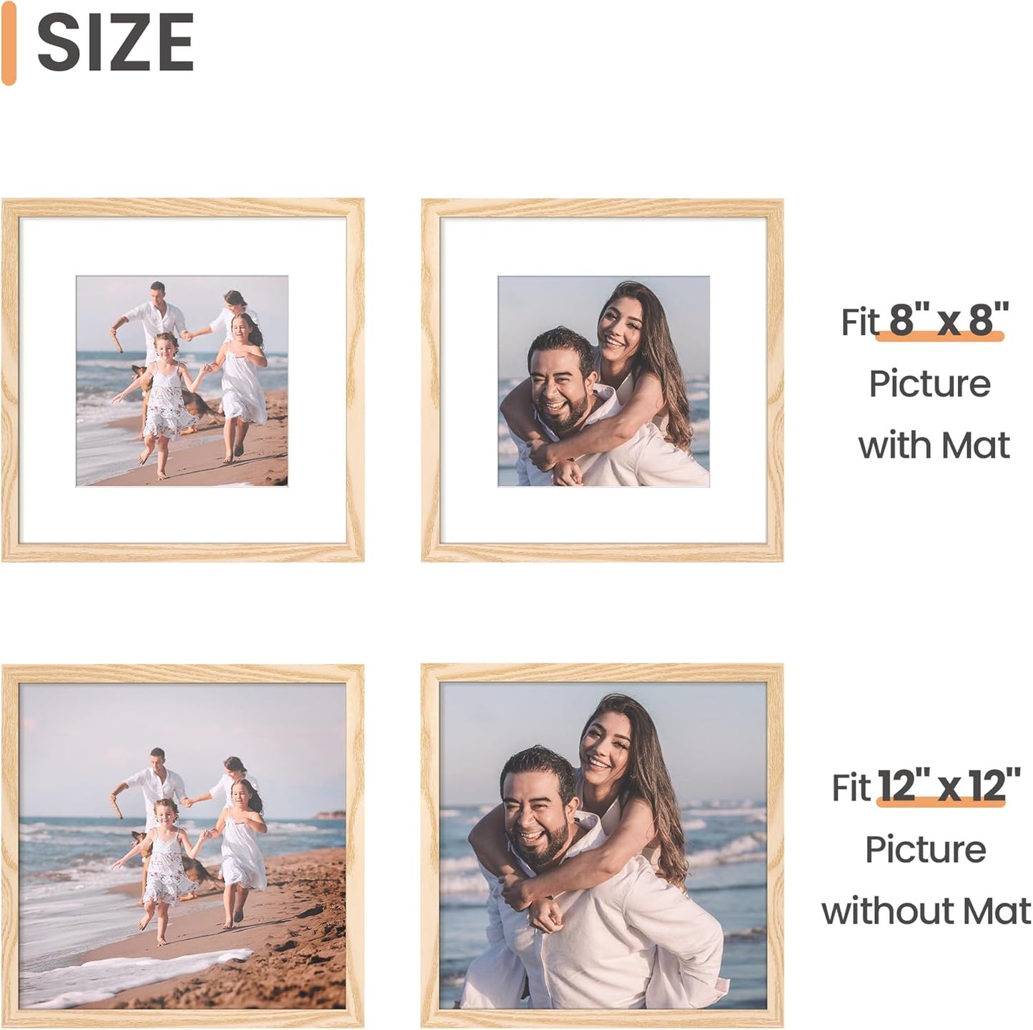 Upsimples 12x12 Picture Frame - Display 8x8 Photos with Mat or 12x12 Without | Natural Wood Finish, 1 Pack
