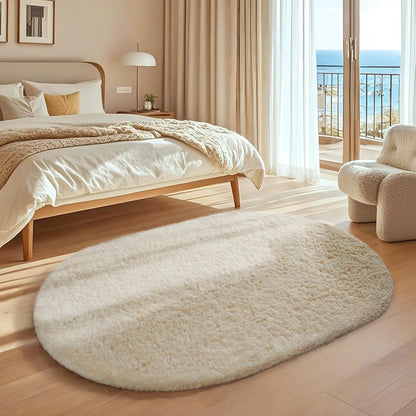 Ophanie 4x6 Oval Ivory Area Rug - Fluffy Plush Shaggy Carpet for Bedroom & Living Room Decor