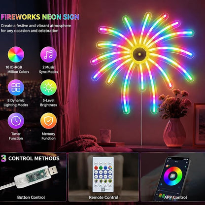 Fireworks Neon Sign LED Dimmable RGB IC Lights USB Powered for Party Decor