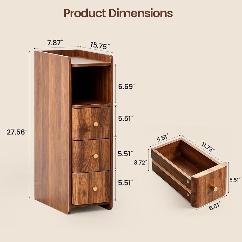 Walnut 3-Drawer Tall Nightstand - 27.56"H Narrow Bedside Storage, 7.87"W, 15.75"D