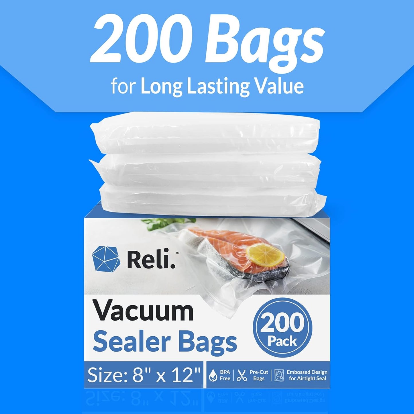 Reli. Vacuum Sealer Bags - 200 Pack Pre-Cut Embossed Food Storage Bags | BPA Free | 8x12 in. Quart Size