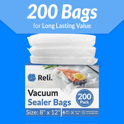 Reli. Vacuum Sealer Bags - 200 Pack Pre-Cut Embossed Food Storage Bags | BPA Free | 8x12 in. Quart Size