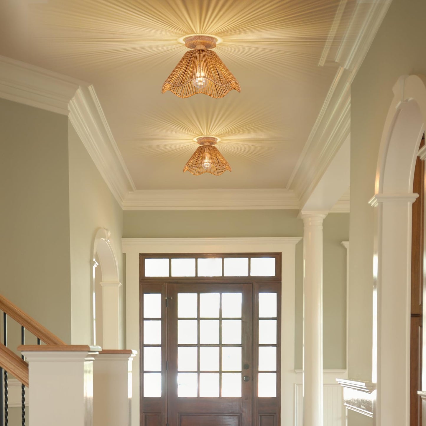 Zswanbei Boho Light Fixtures Ceiling Mount Boho Rattan Ceiling Light Flush Mount Mini Chandelier Woven Ceiling Light Fixture for Bedroom Hallway Entryway Bathroom Nursery, D32cm