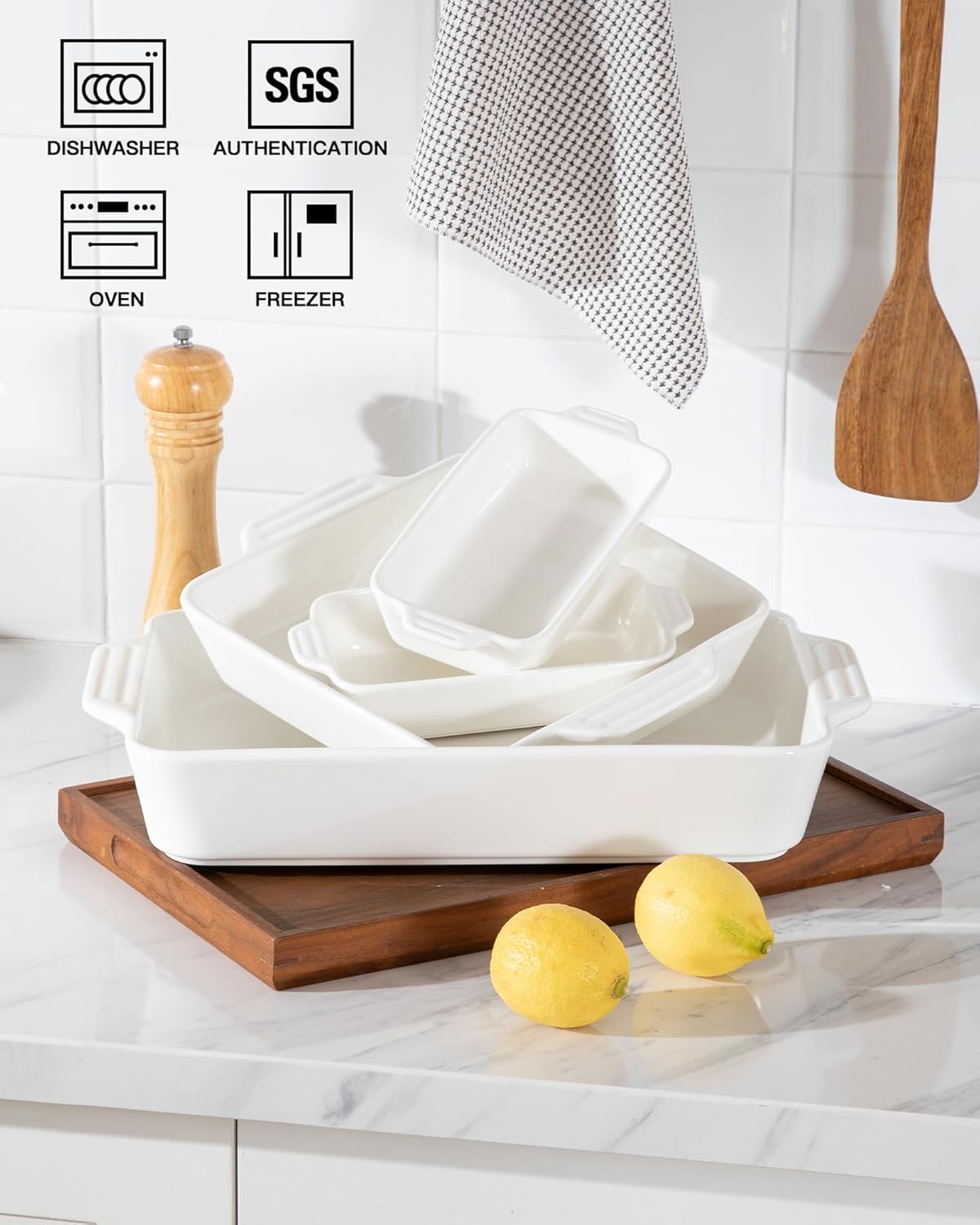 Sweejar Ceramic Bakeware Set - 4 Rectangular Casserole Dishes with Handles for Oven Cooking | White
