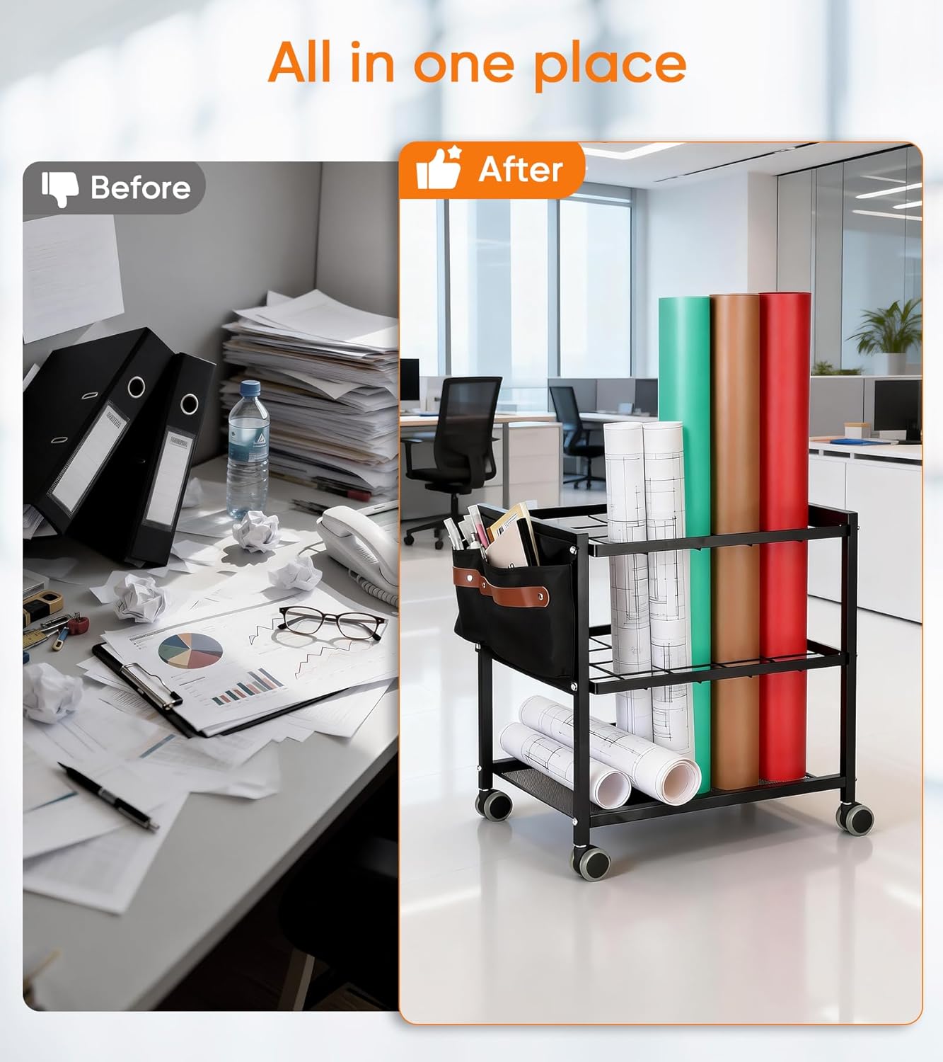 Blueprint Storage Rack Cart - Metal Mobile Holder with 20 Slots & Side Storage Bags | 3.2” x 3.2” Grids