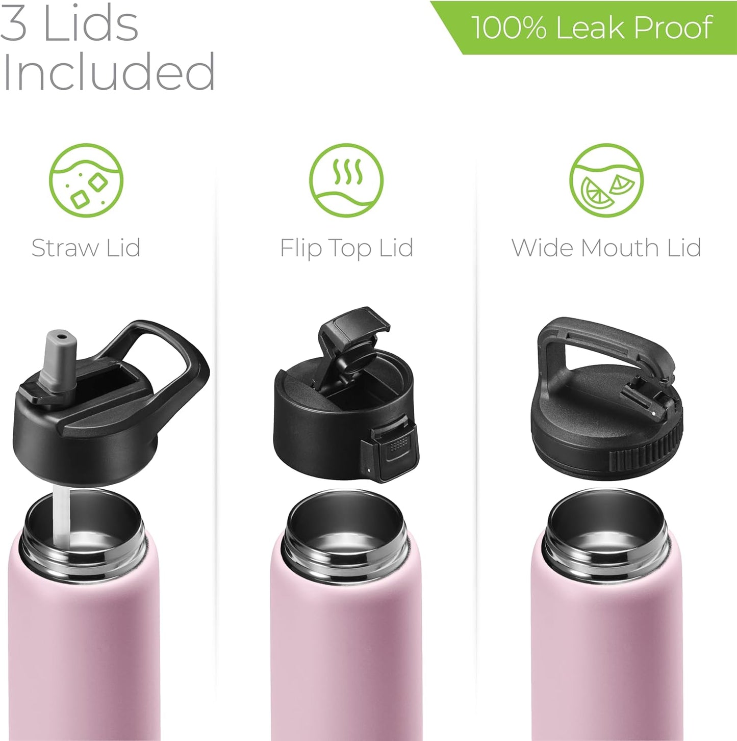 SIPX™ Insulated Water Bottle - 25 oz Leakproof Stainless Steel, Triple Insulated - Cold 24H/Hot 12H - Light Pink