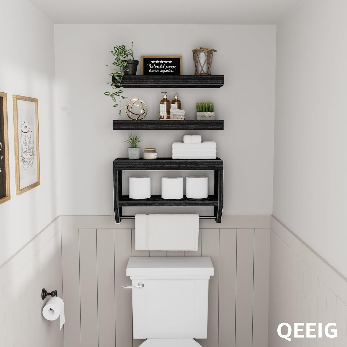 QEEIG Floating Bathroom Shelves - Stylish Wall Storage for Toilet Paper | Set of 3, 16-Inch, Black