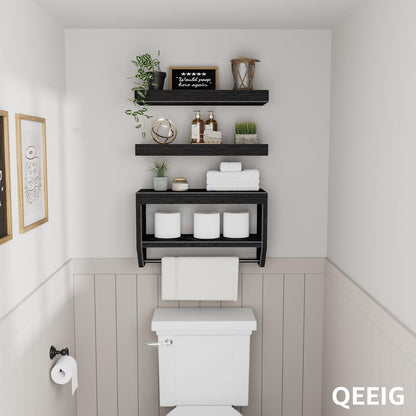 QEEIG Floating Bathroom Shelves - Stylish Wall Storage for Toilet Paper | Set of 3, 16-Inch, Black