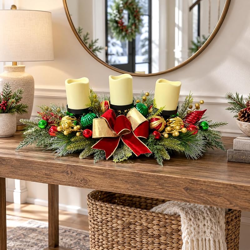 Christmas Candle Holder Centerpiece with 3 Candle Holders and Red Bow