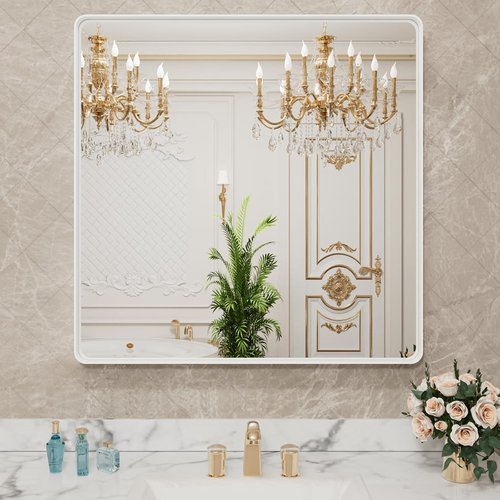LOAAO White Metal Framed Bathroom Mirror - Large 30x30 Inch Rounded Rectangle, Anti-Rust Tempered Glass | Versatile Horizontal/Vertical Hanging