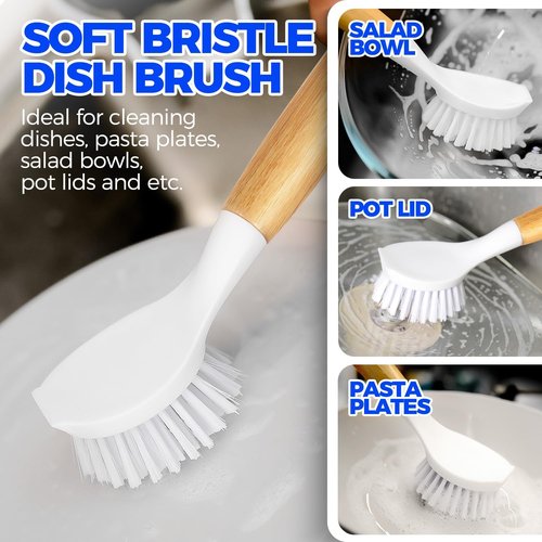 Holikme Dish Brush Set - 6 Pack with Long Handle, Bottle Brush & Palm Scrub for Easy Cleaning | White