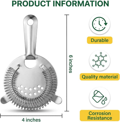 WUWEOT 9 Pack Cocktail Strainer, 4-Prong Stainless Steel Bar Strainer, 6 Inches Silver Bar Tool Drink Strainer with 100 Wire Spring for Bartenders and Mixologists