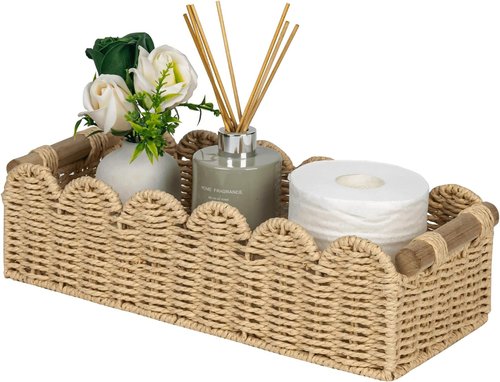 CubesLand Scalloped Edge Toilet Paper Storage Basket - Cozy Beige Home Decor with 2 Wooden Handles