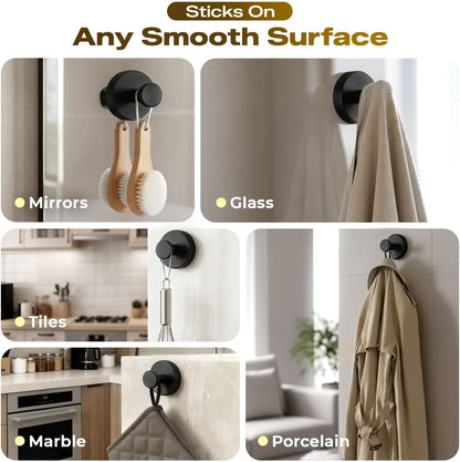 Skiennix Upgraded Suction Cup Hooks - Heavy Duty Bathroom Towel & Loofah Holders | 4 Pack, Black