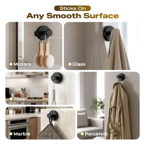 Upgraded Suction Cup Hooks for Shower, Heavy Duty Removable Towel Hooks for Bathroom Glass Door Wall, Stainless Steel Shower Hooks for Towel & Loofah (2 Pack, Black)