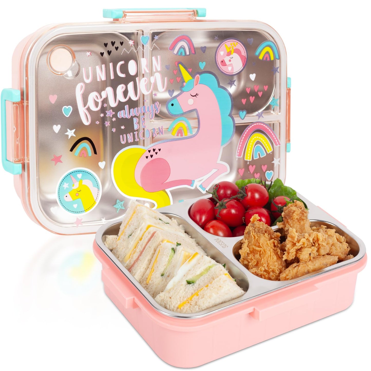 YOYTOO Stainless Steel Bento Lunch Box for Kids, 800ml/27oz BPA-Free Leak-Proof Children Food Containers with 3 Compartments, School Students Daycare Lunches/Snack Container