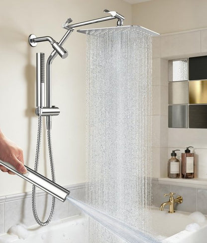 Veken All Metal 10" Shower Head with Handheld, Luxurious Square Double Rain Shower Heads,Power Wash Wand,Dual High Pressure Detachable Rainfall Showerhead with Spray Combo,Extension Arm,Chrome,Sliver