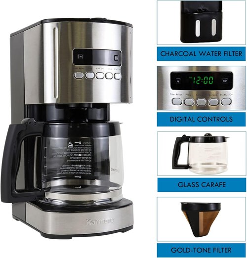 Kenmore 12-Cup Drip Coffee Maker - Programmable Cafe Machine with Auto Shut Off & Reusable Filter | Black