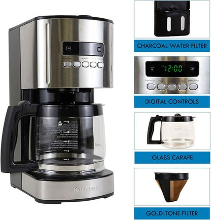 Kenmore 12-Cup Drip Coffee Maker - Programmable Cafe Machine with Auto Shut Off & Reusable Filter | Black