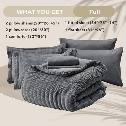 HYMOKEGE Full Size Comforter Set - Luxurious 7-Piece Seersucker Bedding in Dark Grey | All-Season Comfort