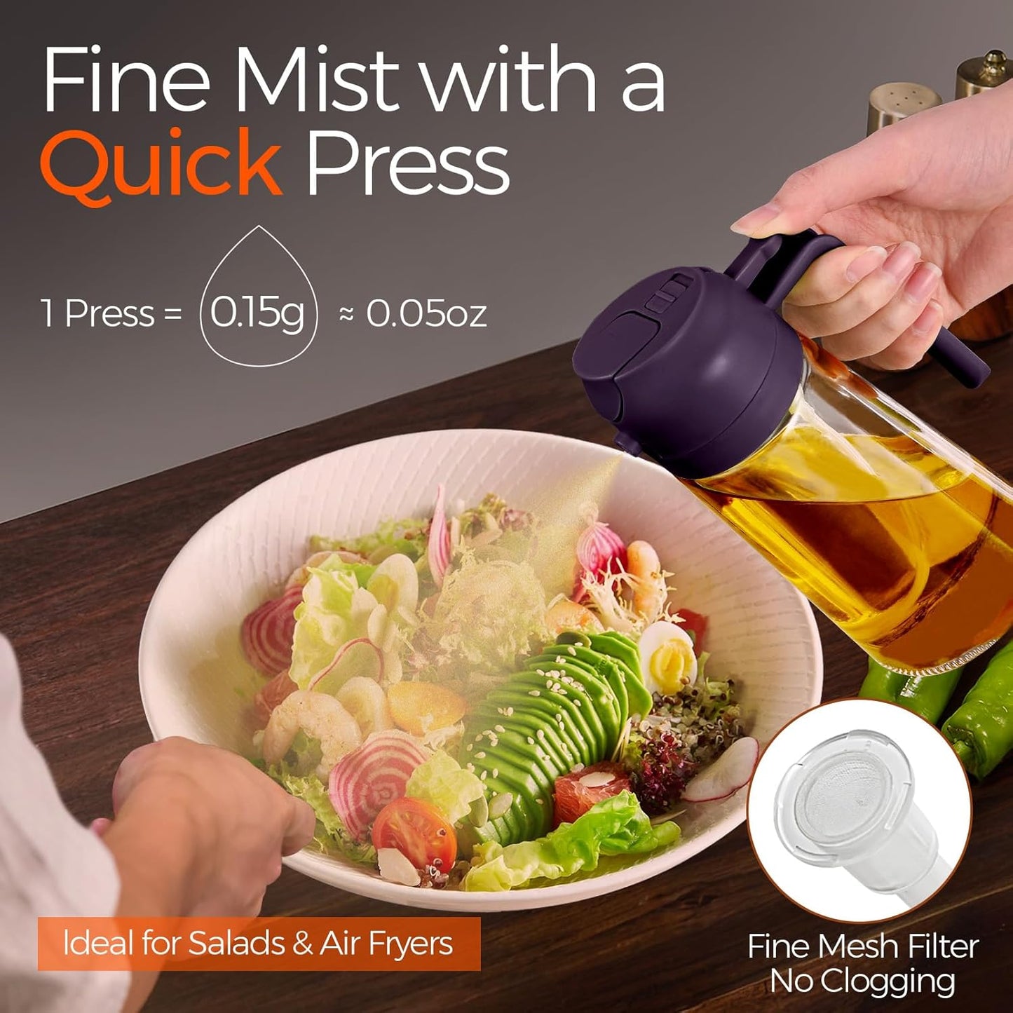 YARRAMATE Glass Olive Oil Sprayer - 16oz Premium Food Grade Dispenser with Portion Control | Purple