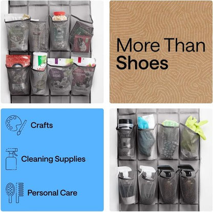 GORILLA GRIP Over The Door Shoe Organizer - 12 Large Breathable Mesh Pockets | Space-Saving Hanging Storage, Grey 64H x 9.5W