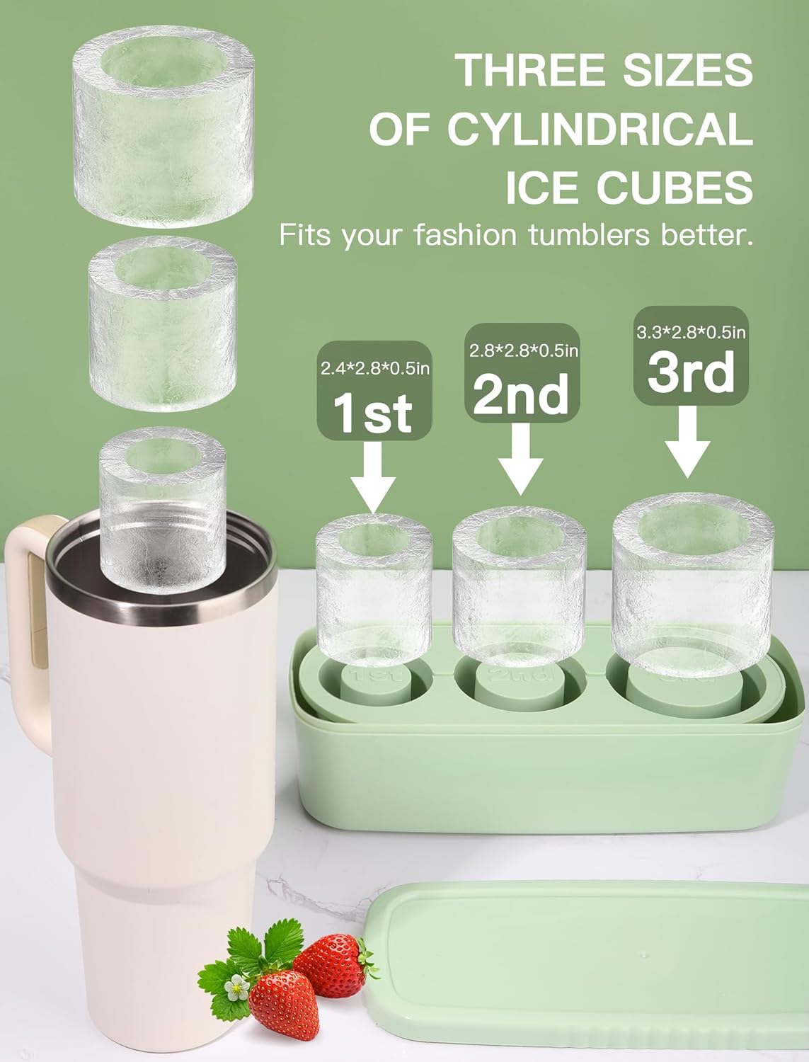 Skiennix Ice Cube Tray - 3 Pcs Silicone Cylinder Molds with Lid for 30Oz-40Oz Tumblers | BPA-Free, Easy Release, Green