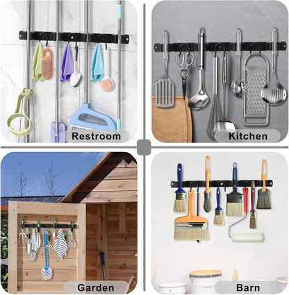 Skiennix Broom Holder Wall Mount - Stainless Steel Mop Hanger with 4 Slots & 6 Hooks | Black 1-Pack for Home Organization