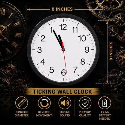Backwards Wall Clock 8 Inch - Counter-Clockwise Quartz Clock, White