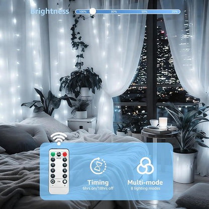 FUYO Fairy String Lights - 300 LED Waterproof Bedroom Decor with 8 Lighting Modes | White