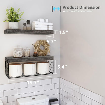 QEEIG Bathroom Shelves | Over Toilet Wall-Mounted Floating Storage - 16 Inch Set of 2, Grey Farmhouse Decor