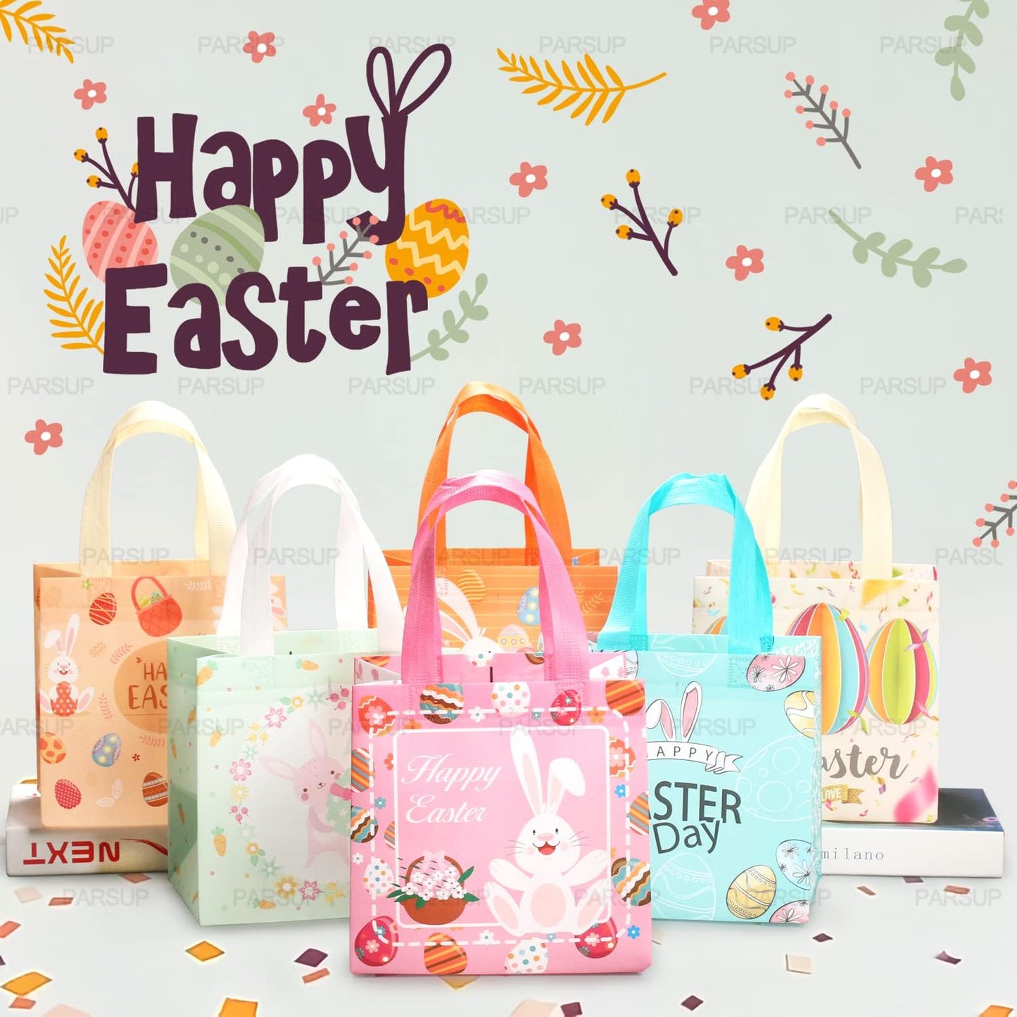 PARSUP 6PCS Happy Easter Bunny Carrot Chick Egg Hunt Gift Treat Multifunctional Non-Woven Bags with Handles,Easter Party Supplies for Gifts Wrapping, 8.3×7.9×5.9inch