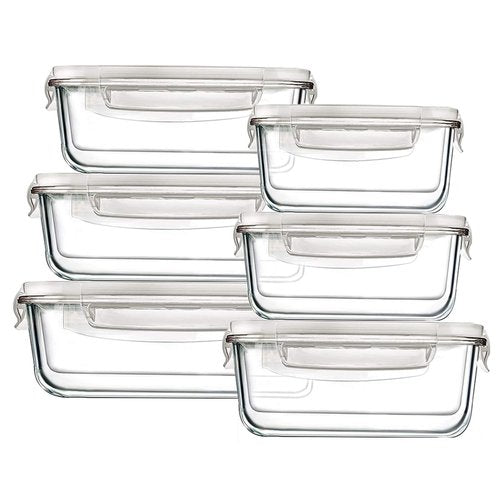 Bayco Large Glass Food Storage Containers with Lids, [12 Piece] Glass Meal Prep Containers, Airtight Glass Bento Boxes, BPA Free & Leak Proof (6lids & 6Containers)(Square & Rectangle)