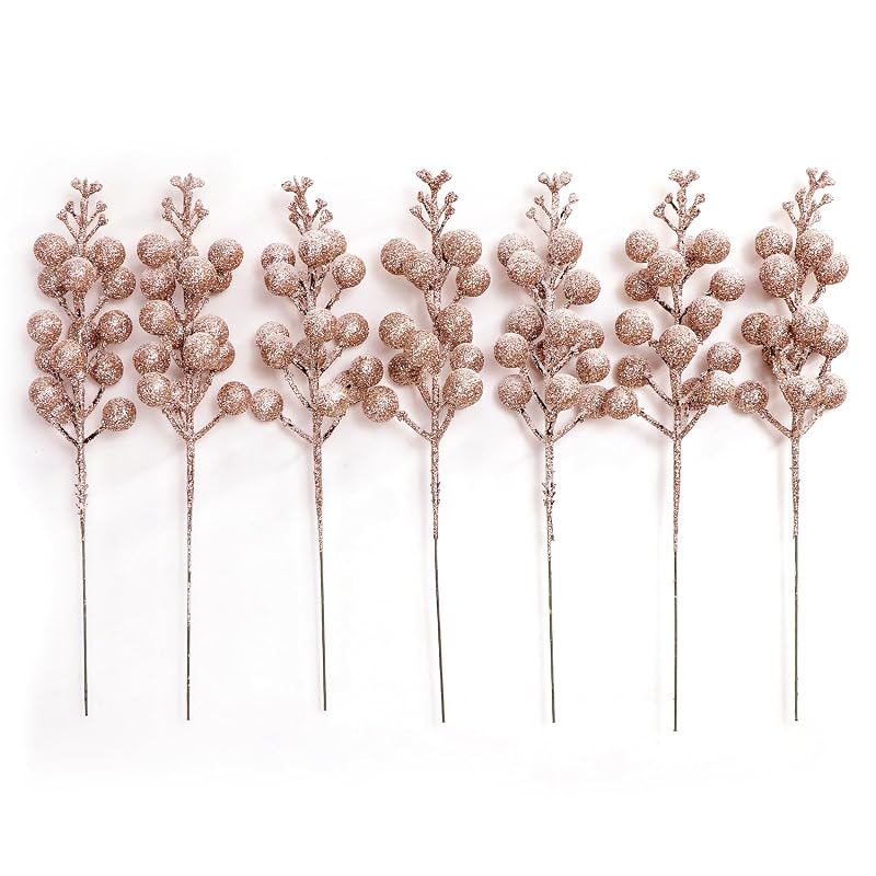 Rose Gold 16-Piece Glitter Berry Stems 8-Inch Frosted Christmas Picks for Wreaths, Ornaments & Decor - Variation Rose Gold