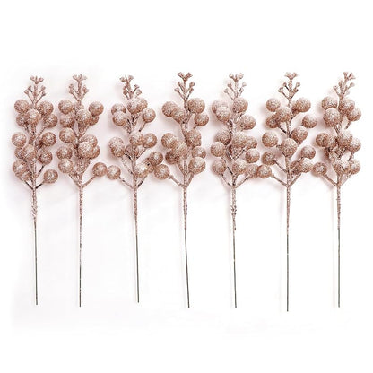 Rose Gold 16-Piece Glitter Berry Stems 8-Inch Frosted Christmas Picks for Wreaths, Ornaments & Decor - Variation Rose Gold