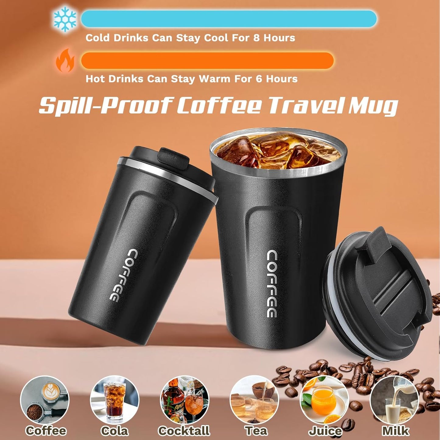Skiennix Travel Coffee Mugs - Leak-Proof Reusable Stainless Steel Tumblers | 12oz Black Thermal Insulation