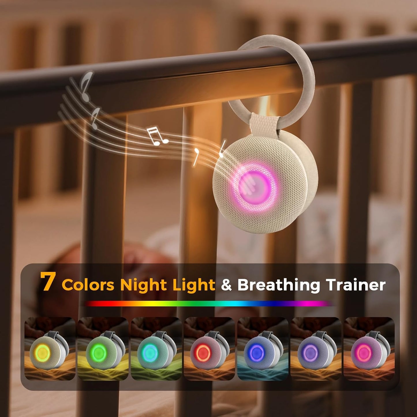 Portable Sound Machine - White Noise for Baby Sleep | 15 Soothing Sounds & 7 Color Night Light