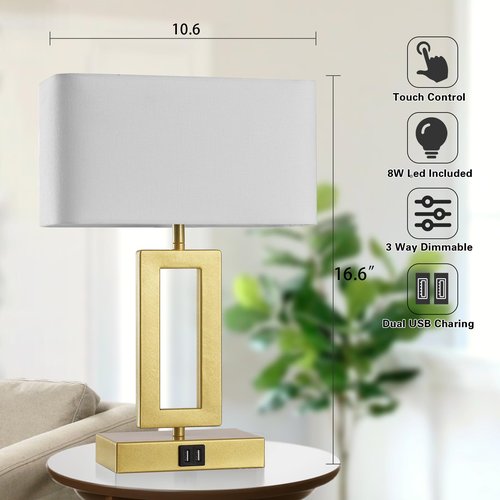 gernehop Gold Table Lamps Set of 2 with Dual USB Ports,3-Way Dimmable Touch Control Bedside Lamps,Modern Bedroom Table Lamp for Living Room,Nightstand LED Bulbs Included
