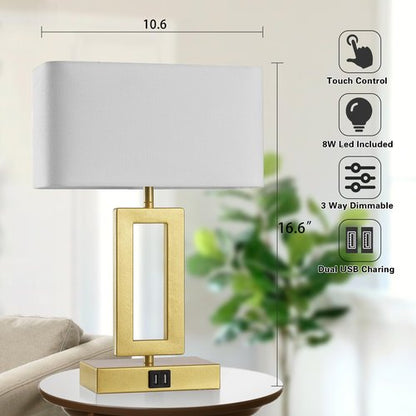 gernehop Gold Table Lamps Set of 2 with Dual USB Ports,3-Way Dimmable Touch Control Bedside Lamps,Modern Bedroom Table Lamp for Living Room,Nightstand LED Bulbs Included