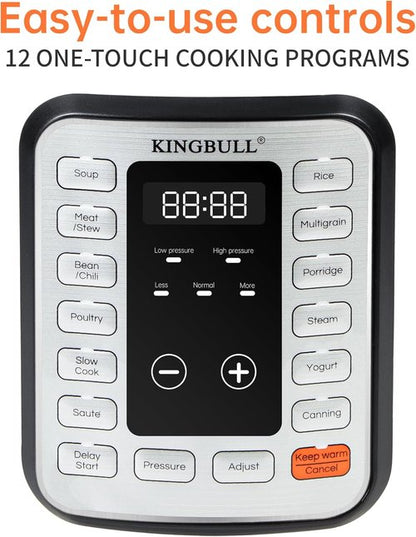KINGBULL 12-in-1 Electric Pressure Cooker - Multi-Use Non-Stick Pot with LED Screen (8QT)