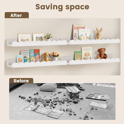 Yirilan 4-Pack Floating Nursery Shelves - Scalloped Design for Kids' Rooms | White Finish