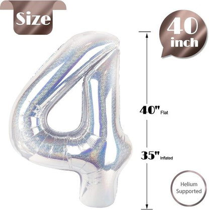 Laser Silver Number 4 Balloon - 40 Inch Large Birthday Decoration for Girls' 4th Party