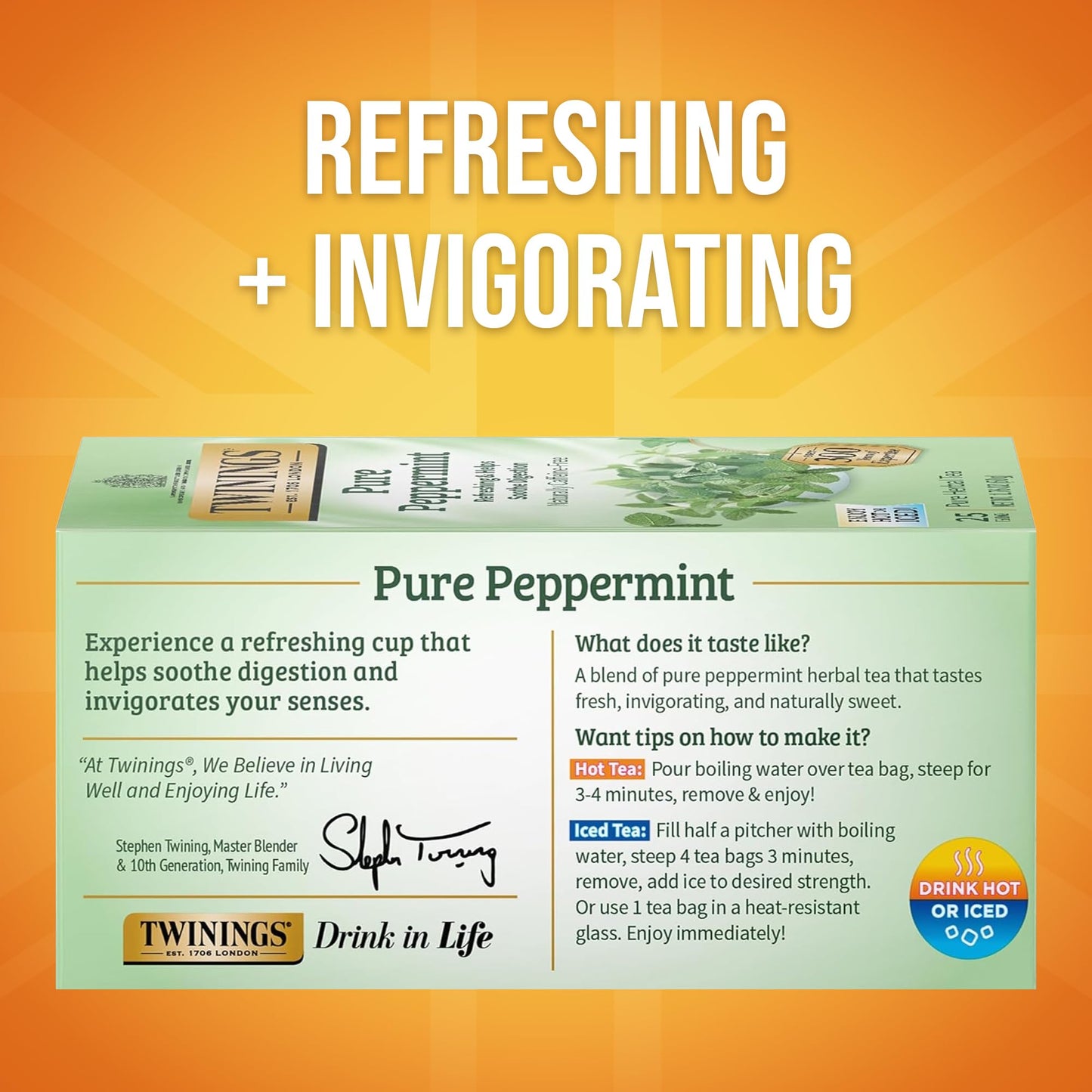 Twinings Pure Peppermint Herbal Tea Individually Wrapped Bags, 25 Count (Pack of 6), Fresh Minty Flavour, Naturally Caffeine-Free, Enjoy Hot or Iced, 150 Teabags