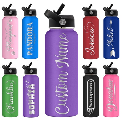 Personalized Water Bottles with Straw Lid Custom Water Bottle 40oz Customize Engraved Name Stainless Steel Insulated Sport Bottles for School Gym Boys Women Men