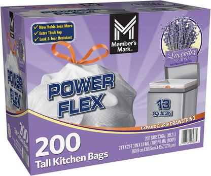 Member's Mark Power Flex Tall Kitchen Trash Bags - 13 Gallon, 200 Count (2 Rolls of 100)