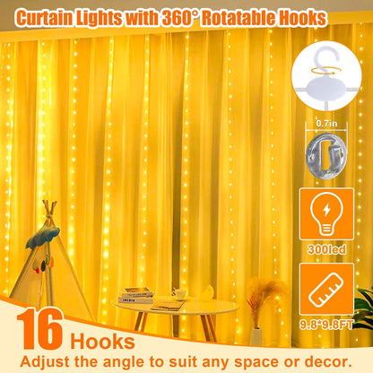 Skiennix Curtain Light - 300 LED Fairy String Lights with 16 Hooks & 8 Modes Remote | 9.8ft x 9.8ft Warm White Indoor Decor