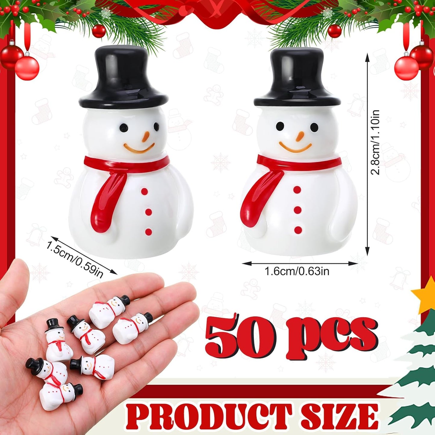 Skiennix Winter Mini Resin Snowman Figurines - 50 Pcs Black Hat Decor for DIY Crafts & Cake Decoration