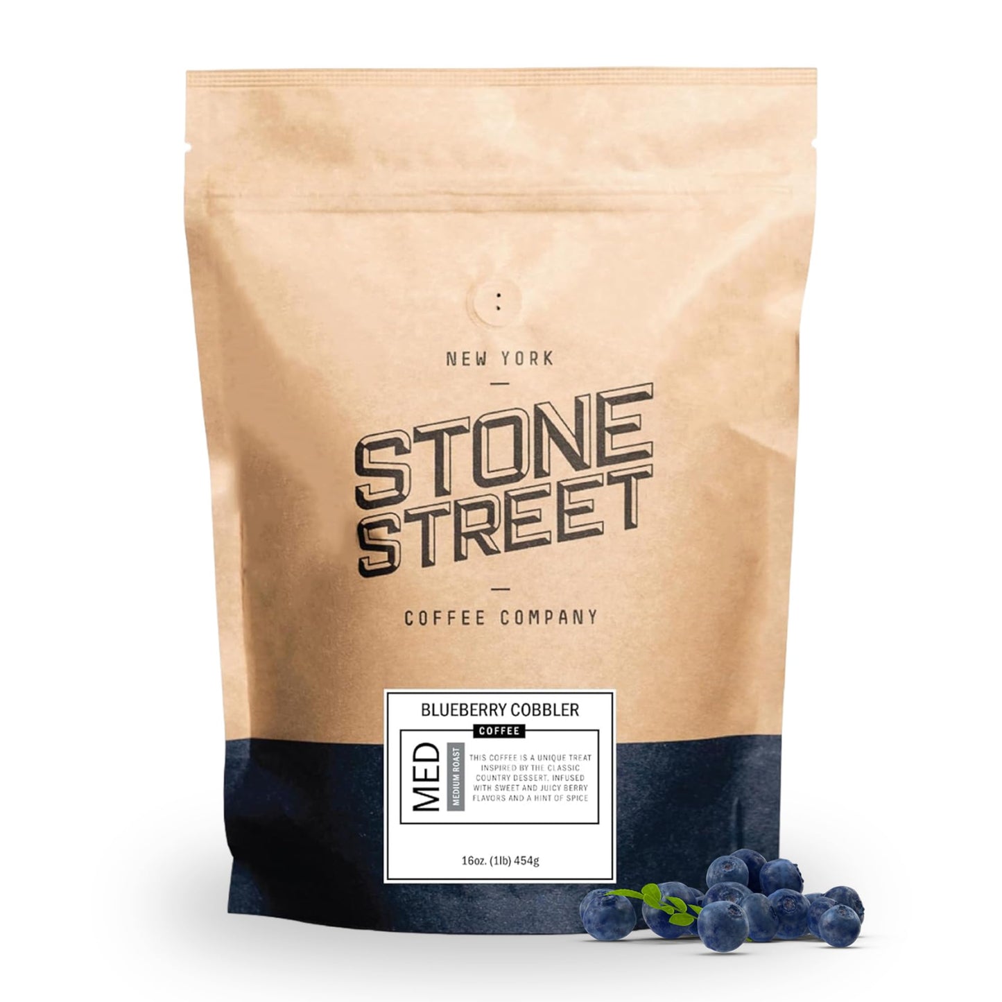 Stone Street Flavored Ground Coffee, Blueberry Cobbler, Freshly Roasted, 100% Colombian Arabica, Gourmet Coffee, Medium Roast, Sweet Berry Dessert Flavor, 1 LB